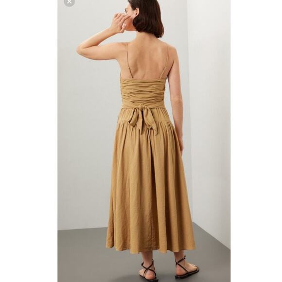 TOCCIN Women's Brown Khaki Square Neck Ruched Bodice Tie Waist Midi Dress Size 8 - Picture 2 of 16